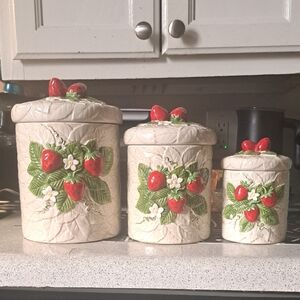 VINTAGE SEAR ROBUCK Strawberry Ceramic Canister Set - Cream and Red